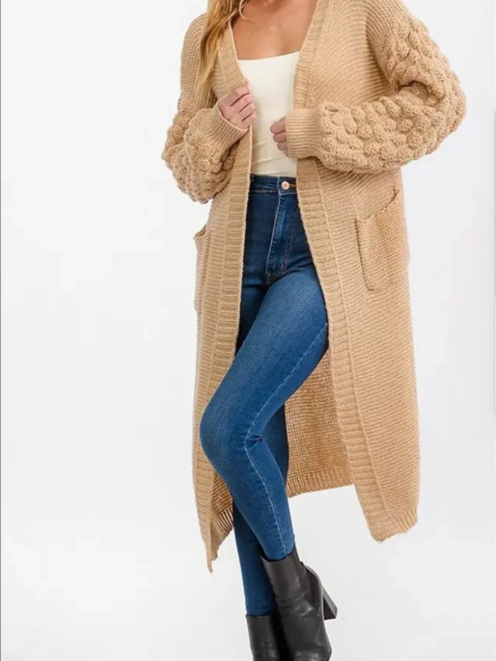 Open-Front Long Cable-Sleeve Cardigan Sweater - Tan
